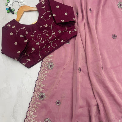 Peach Kasoli Silk Saree with Beautiful Embroidery and Contrast Thread Work