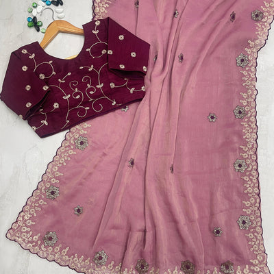 Peach Kasoli Silk Saree with Beautiful Embroidery and Contrast Thread Work