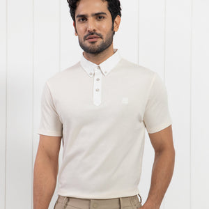 Rare Rabbit Men's Parmat Light Beige Cotton Fabric Collared Neck Half Sleeves Woven Textured Popcorn Polo T-Shirt