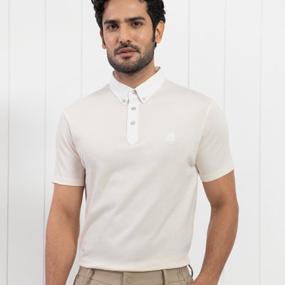 Rare Rabbit Men's Parmat Light Beige Cotton Fabric Collared Neck Half Sleeves Woven Textured Popcorn Polo T-Shirt