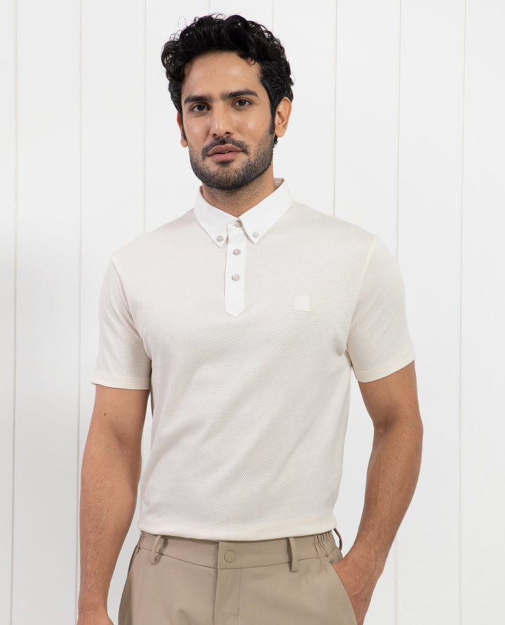 Rare Rabbit Men's Parmat Light Beige Cotton Fabric Collared Neck Half Sleeves Woven Textured Popcorn Polo T-Shirt