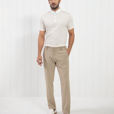 Rare Rabbit Men's Parmat Light Beige Cotton Fabric Collared Neck Half Sleeves Woven Textured Popcorn Polo T-Shirt