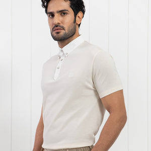 Rare Rabbit Men's Parmat Light Beige Cotton Fabric Collared Neck Half Sleeves Woven Textured Popcorn Polo T-Shirt
