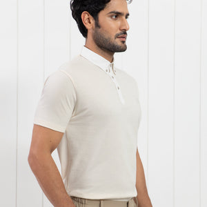 Rare Rabbit Men's Parmat Light Beige Cotton Fabric Collared Neck Half Sleeves Woven Textured Popcorn Polo T-Shirt