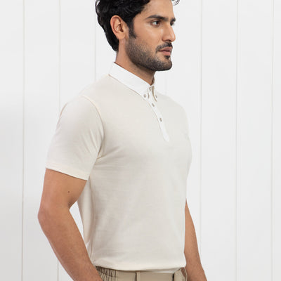 Rare Rabbit Men's Parmat Light Beige Cotton Fabric Collared Neck Half Sleeves Woven Textured Popcorn Polo T-Shirt