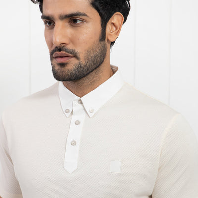 Rare Rabbit Men's Parmat Light Beige Cotton Fabric Collared Neck Half Sleeves Woven Textured Popcorn Polo T-Shirt