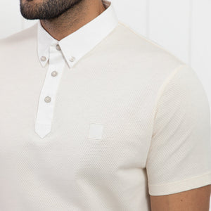 Rare Rabbit Men's Parmat Light Beige Cotton Fabric Collared Neck Half Sleeves Woven Textured Popcorn Polo T-Shirt