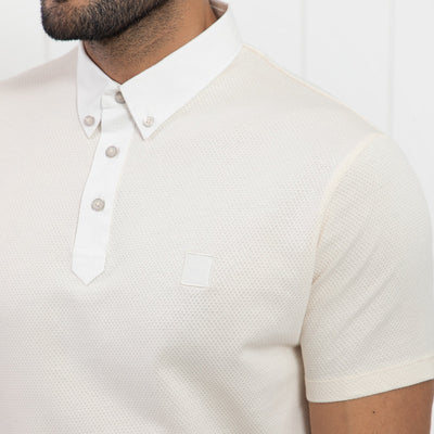 Rare Rabbit Men's Parmat Light Beige Cotton Fabric Collared Neck Half Sleeves Woven Textured Popcorn Polo T-Shirt