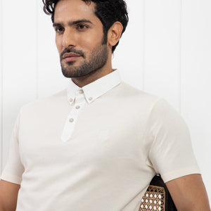 Rare Rabbit Men's Parmat Light Beige Cotton Fabric Collared Neck Half Sleeves Woven Textured Popcorn Polo T-Shirt