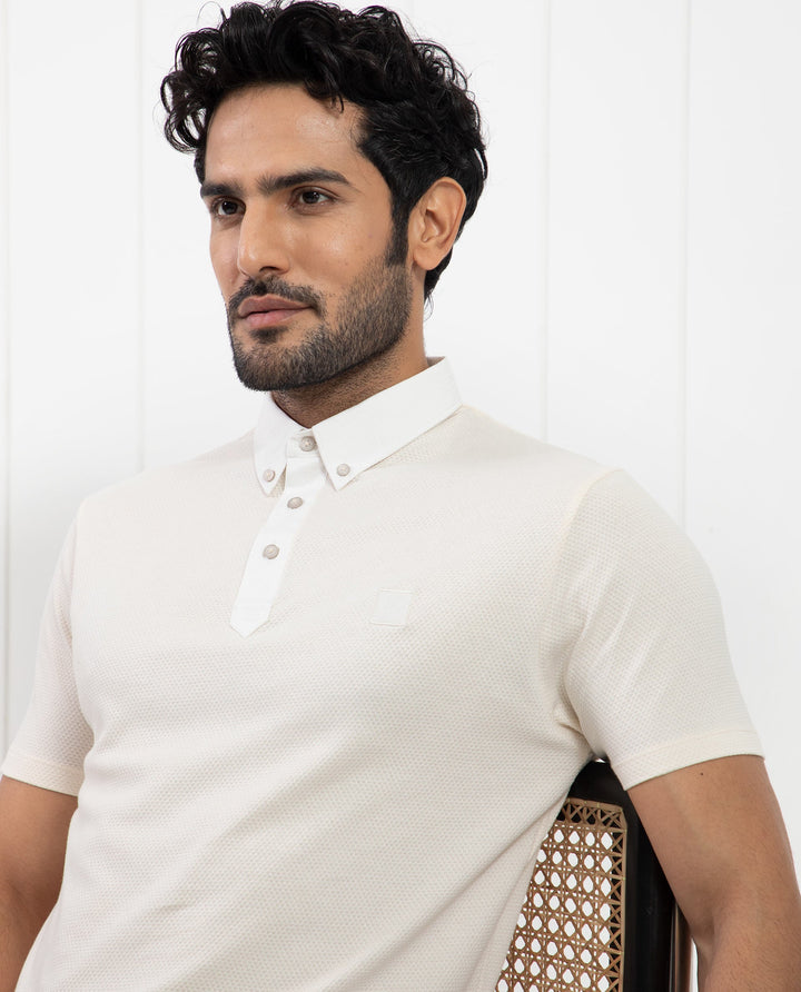 Rare Rabbit Men's Parmat Light Beige Cotton Fabric Collared Neck Half Sleeves Woven Textured Popcorn Polo T-Shirt