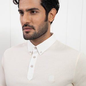 Rare Rabbit Men's Parmat Light Beige Cotton Fabric Collared Neck Half Sleeves Woven Textured Popcorn Polo T-Shirt