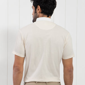Rare Rabbit Men's Parmat Light Beige Cotton Fabric Collared Neck Half Sleeves Woven Textured Popcorn Polo T-Shirt