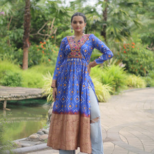 Blue Designer Printed Kurti in Heavy Cotton with Kutchi Gamthi Lace and Kodi Work