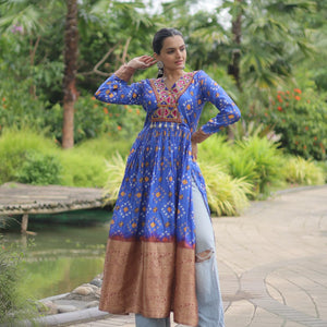 Blue Designer Printed Kurti in Heavy Cotton with Kutchi Gamthi Lace and Kodi Work