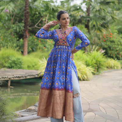 Blue Designer Printed Kurti in Heavy Cotton with Kutchi Gamthi Lace and Kodi Work
