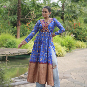 Blue Designer Printed Kurti in Heavy Cotton with Kutchi Gamthi Lace and Kodi Work