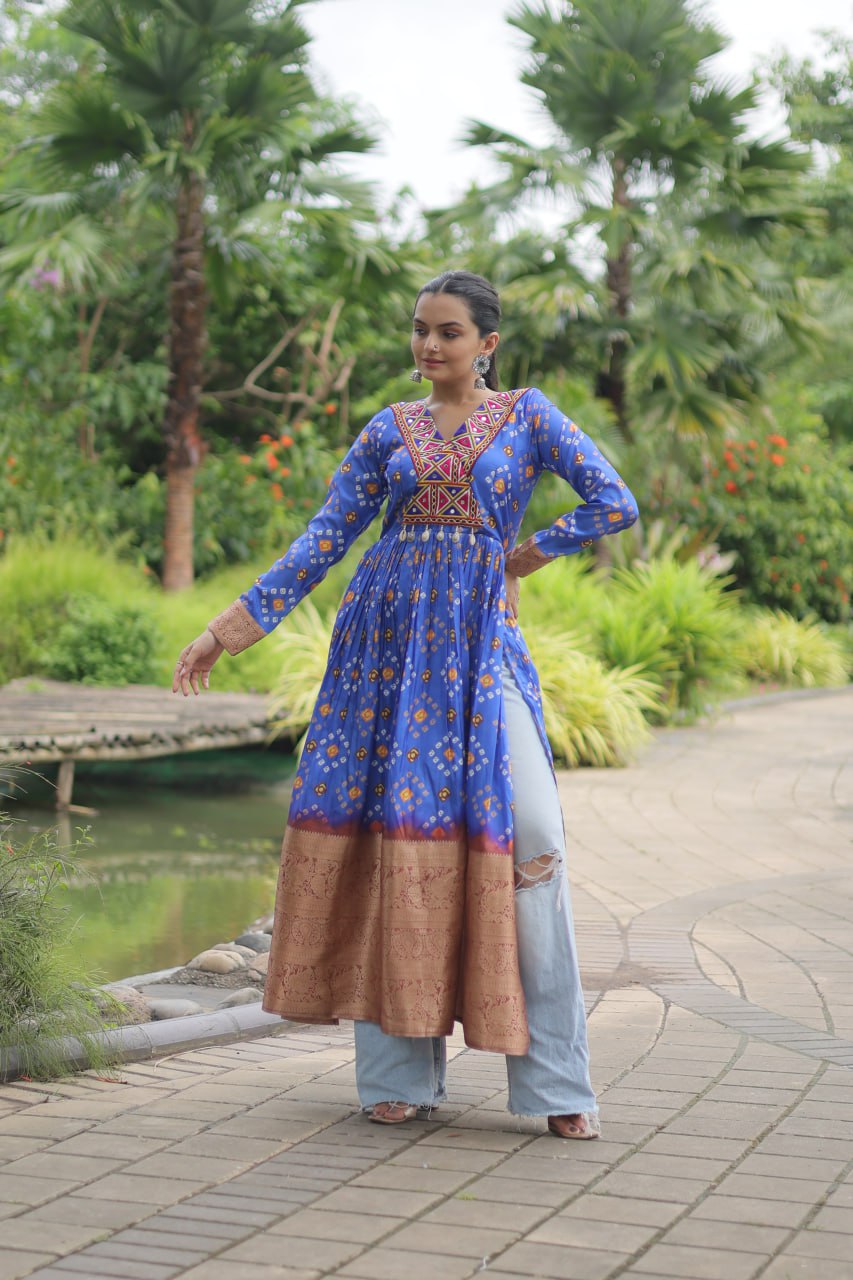 Blue Designer Printed Kurti in Heavy Cotton with Kutchi Gamthi Lace and Kodi Work