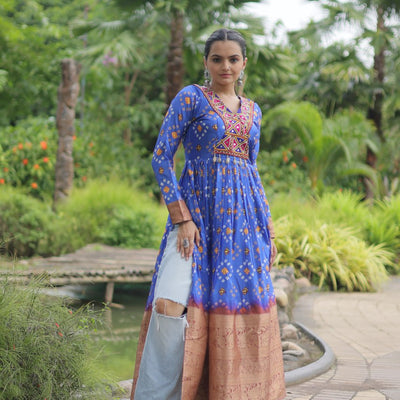 Blue Designer Printed Kurti in Heavy Cotton with Kutchi Gamthi Lace and Kodi Work