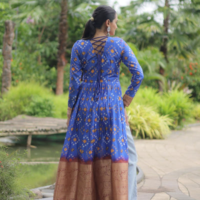 Blue Designer Printed Kurti in Heavy Cotton with Kutchi Gamthi Lace and Kodi Work