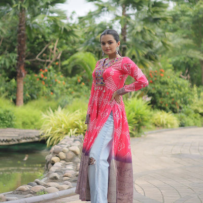 Magenta Designer Printed Kurti in Heavy Cotton with Kutchi Gamthi Lace and Kodi Work