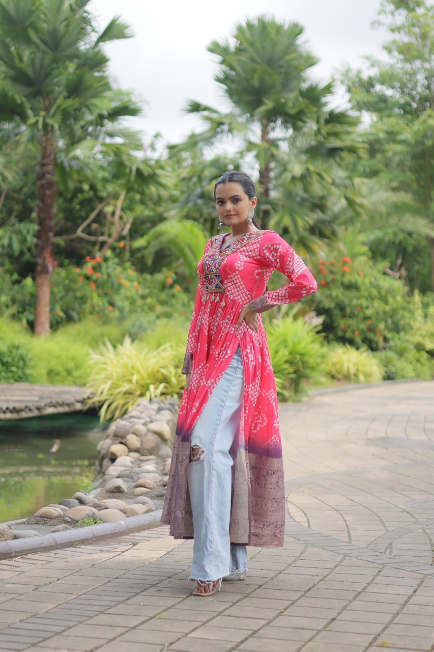 Magenta Designer Printed Kurti in Heavy Cotton with Kutchi Gamthi Lace and Kodi Work