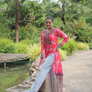 Magenta Designer Printed Kurti in Heavy Cotton with Kutchi Gamthi Lace and Kodi Work