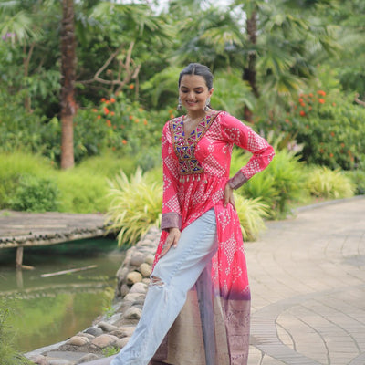Magenta Designer Printed Kurti in Heavy Cotton with Kutchi Gamthi Lace and Kodi Work