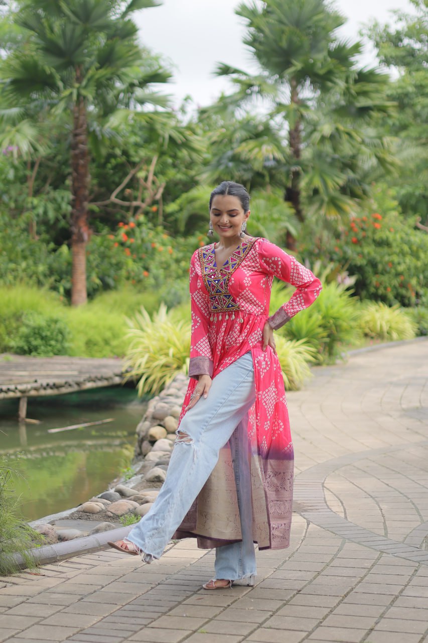 Magenta Designer Printed Kurti in Heavy Cotton with Kutchi Gamthi Lace and Kodi Work