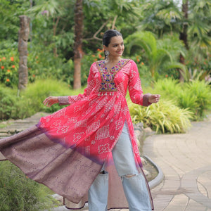 Magenta Designer Printed Kurti in Heavy Cotton with Kutchi Gamthi Lace and Kodi Work