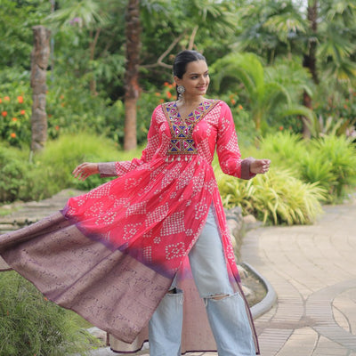 Magenta Designer Printed Kurti in Heavy Cotton with Kutchi Gamthi Lace and Kodi Work
