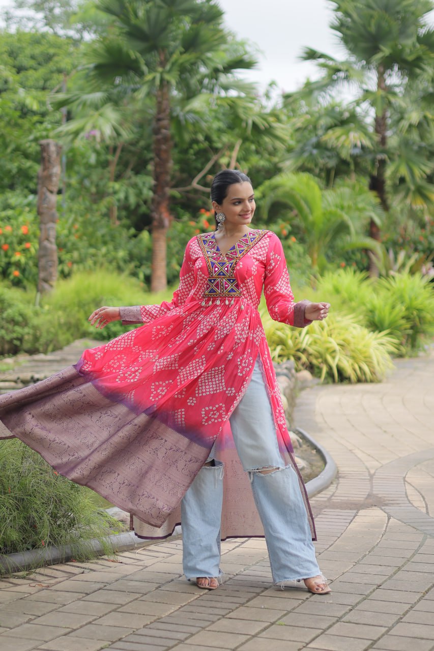 Magenta Designer Printed Kurti in Heavy Cotton with Kutchi Gamthi Lace and Kodi Work