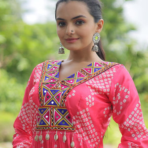 Magenta Designer Printed Kurti in Heavy Cotton with Kutchi Gamthi Lace and Kodi Work