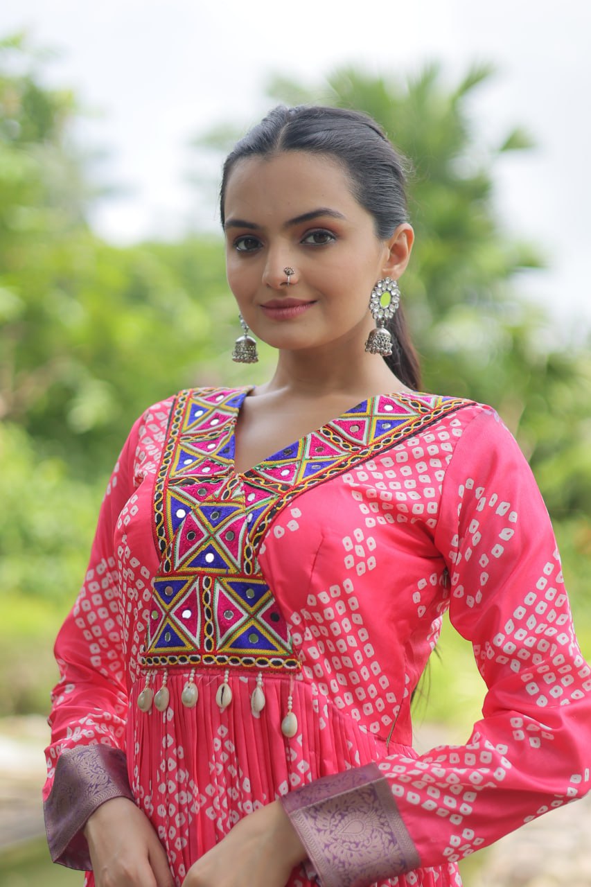Magenta Designer Printed Kurti in Heavy Cotton with Kutchi Gamthi Lace and Kodi Work
