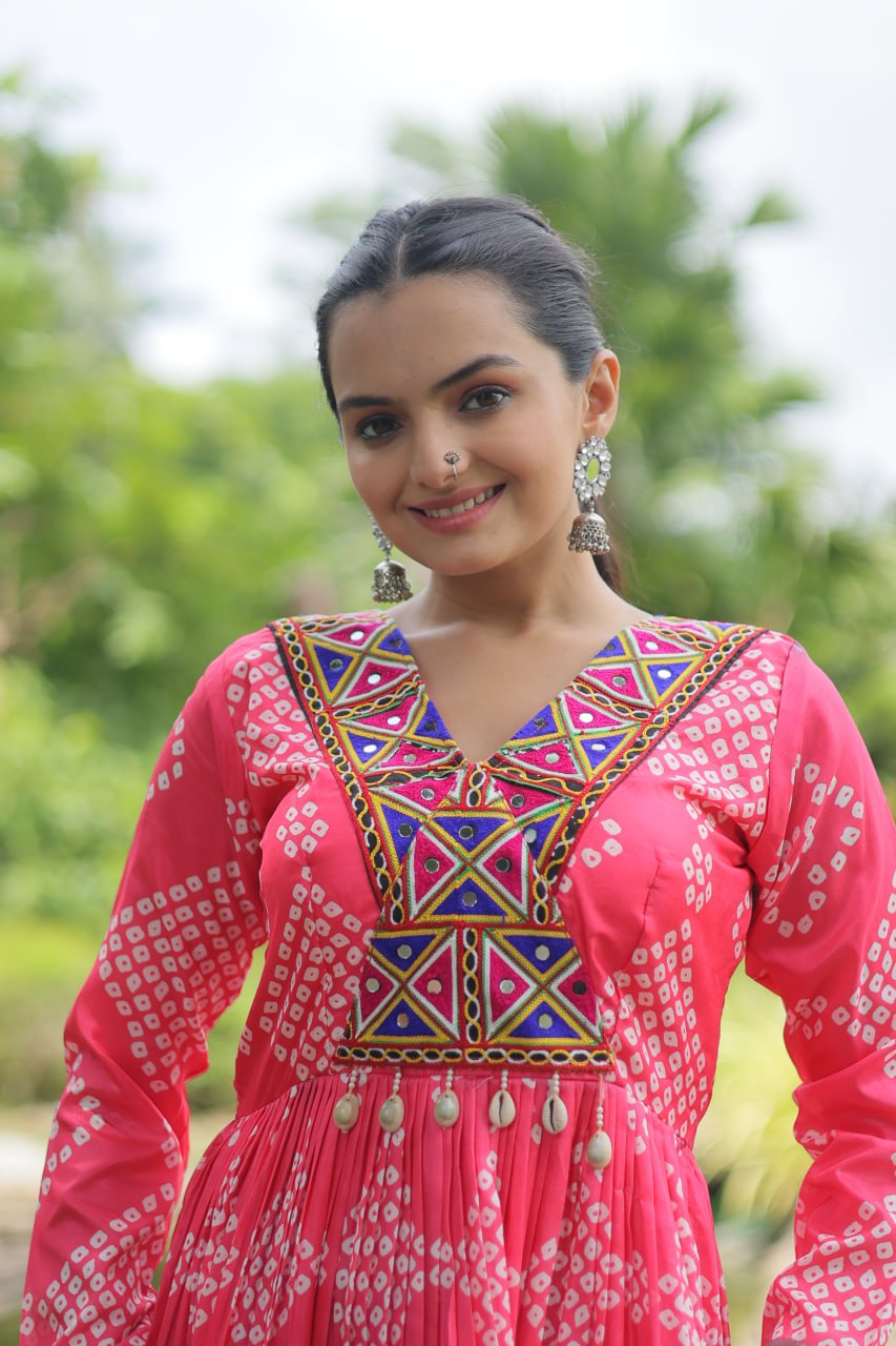 Magenta Designer Printed Kurti in Heavy Cotton with Kutchi Gamthi Lace and Kodi Work