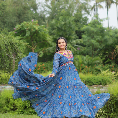 Blue Elegant Bandhani Print Gown with Kutchi Patchwork in Faux Georgette
