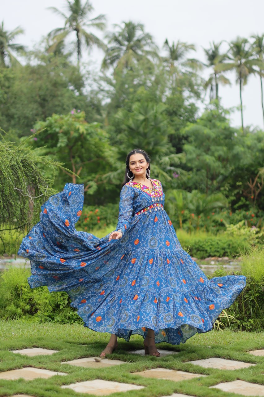 Blue Elegant Bandhani Print Gown with Kutchi Patchwork in Faux Georgette