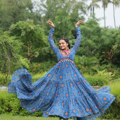 Blue Elegant Bandhani Print Gown with Kutchi Patchwork in Faux Georgette