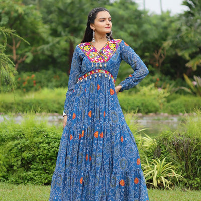 Blue Elegant Bandhani Print Gown with Kutchi Patchwork in Faux Georgette