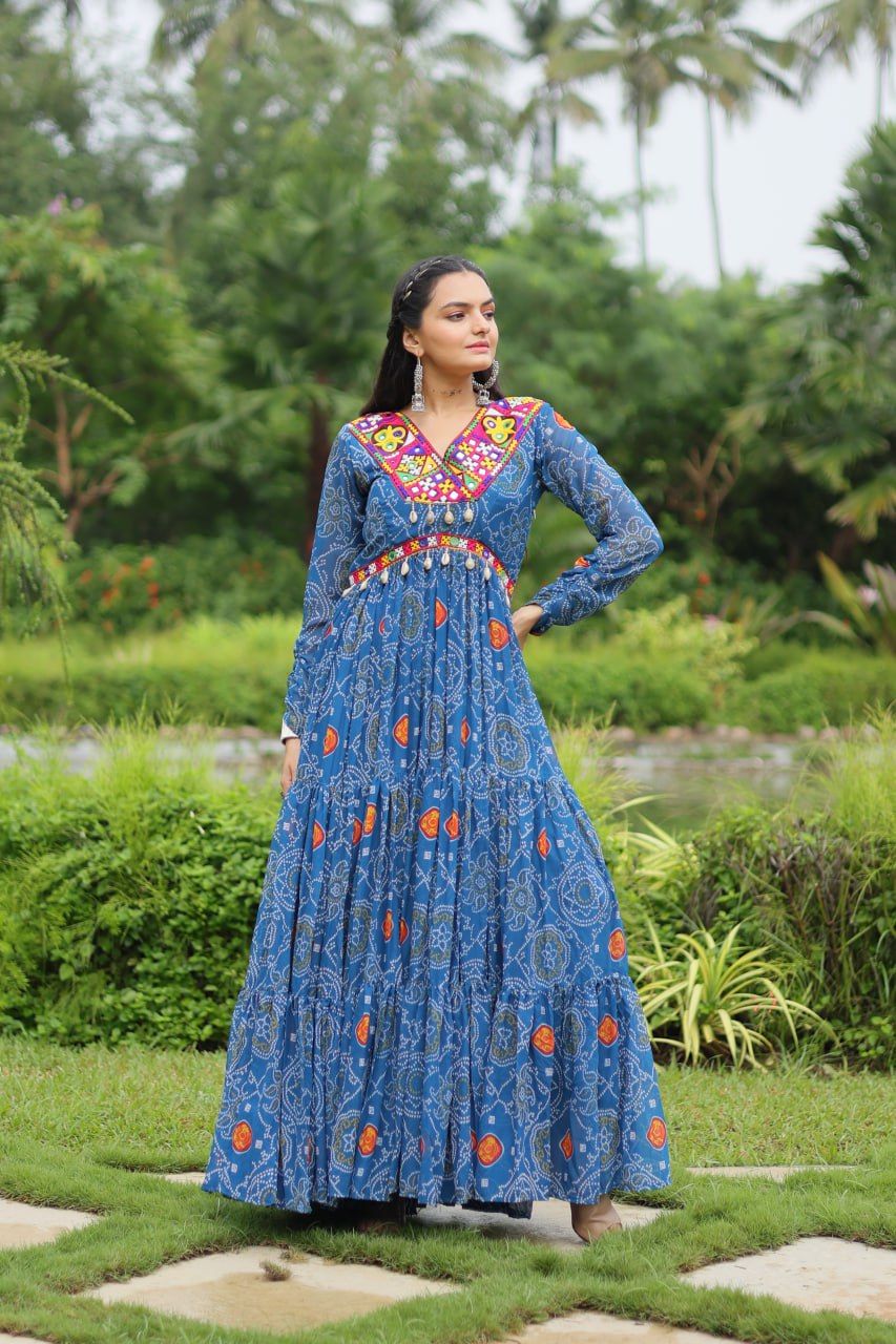 Blue Elegant Bandhani Print Gown with Kutchi Patchwork in Faux Georgette
