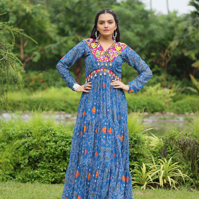 Blue Elegant Bandhani Print Gown with Kutchi Patchwork in Faux Georgette