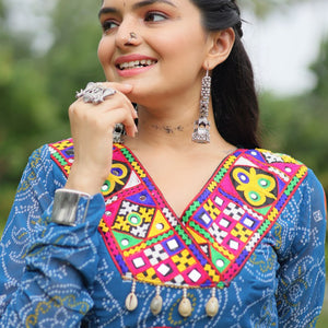 Blue Elegant Bandhani Print Gown with Kutchi Patchwork in Faux Georgette