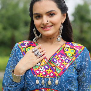 Blue Elegant Bandhani Print Gown with Kutchi Patchwork in Faux Georgette