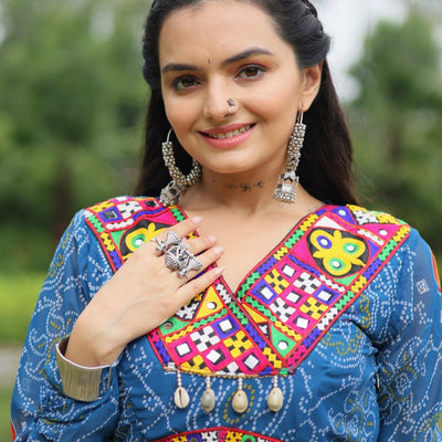 Blue Elegant Bandhani Print Gown with Kutchi Patchwork in Faux Georgette