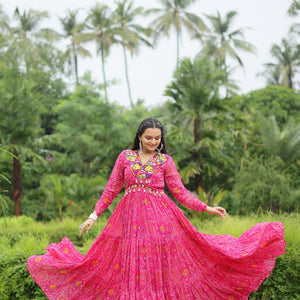 Magenta Elegant Bandhani Print Gown with Kutchi Patchwork in Faux Georgette
