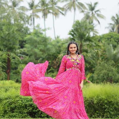 Magenta Elegant Bandhani Print Gown with Kutchi Patchwork in Faux Georgette