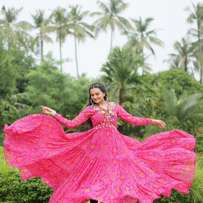 Magenta Elegant Bandhani Print Gown with Kutchi Patchwork in Faux Georgette