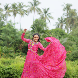 Magenta Elegant Bandhani Print Gown with Kutchi Patchwork in Faux Georgette
