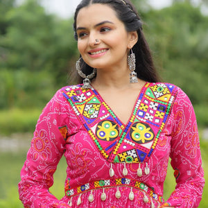Magenta Elegant Bandhani Print Gown with Kutchi Patchwork in Faux Georgette