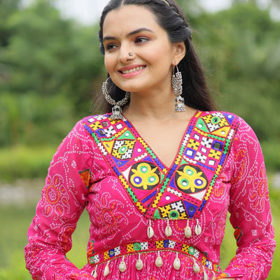 Magenta Elegant Bandhani Print Gown with Kutchi Patchwork in Faux Georgette
