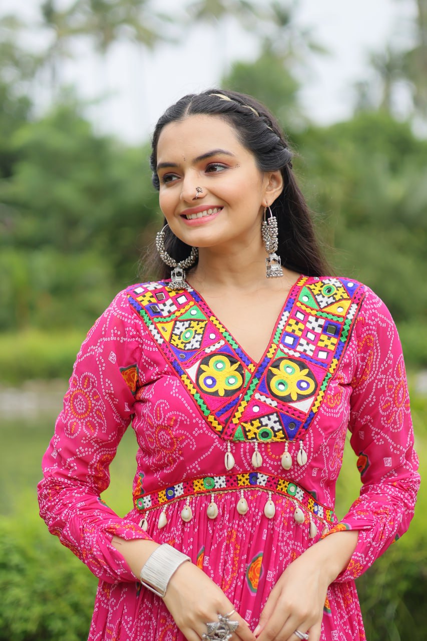 Magenta Elegant Bandhani Print Gown with Kutchi Patchwork in Faux Georgette